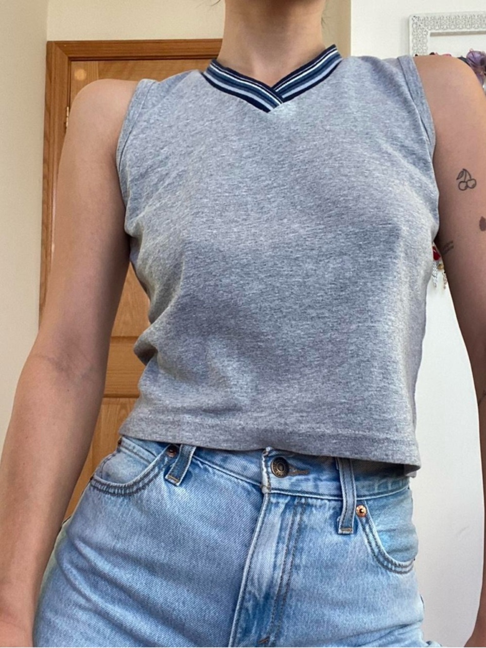 Vintage High Neck Top Sleeveless Grey V-Neck with Striped Varsity Collar